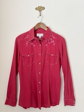 Ryan Michael Red Embroidered Silk Blend Western Shirt Small Coastal Cowgirl